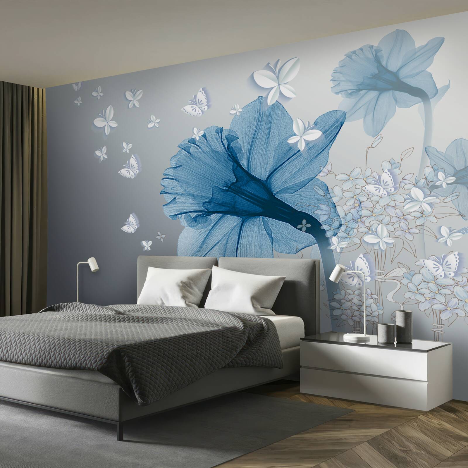 Carta da parati i fiori blu sono circondati da farfalle bianche