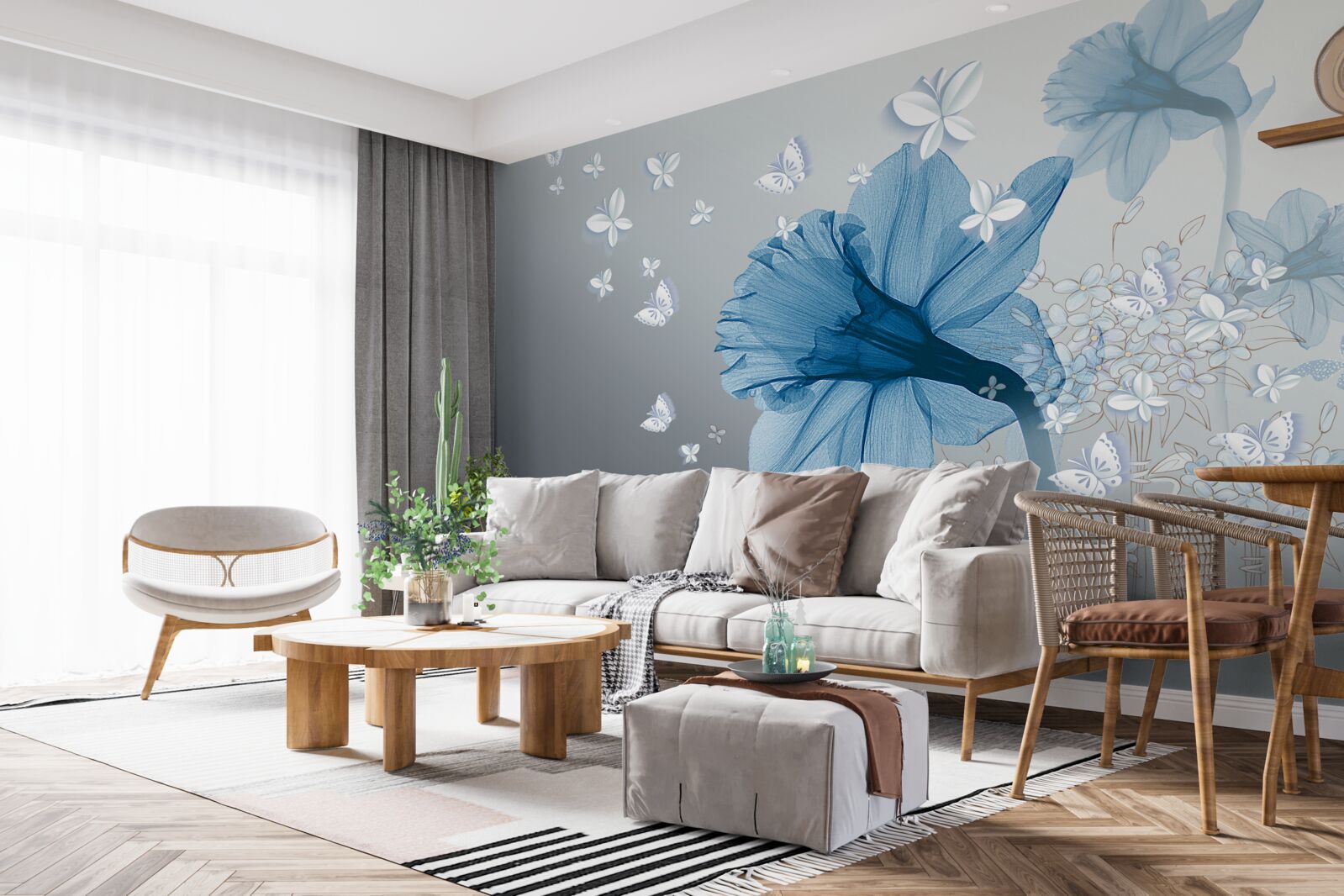Carta da parati i fiori blu sono circondati da farfalle bianche