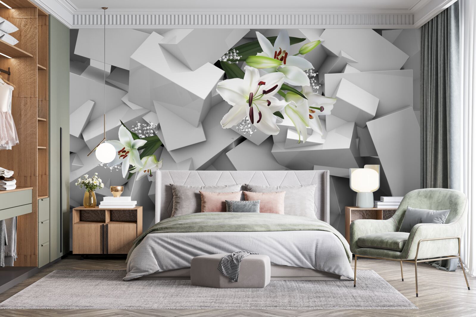 Carta da parati sfondo geometrico decorato con boccioli di giglio bianco