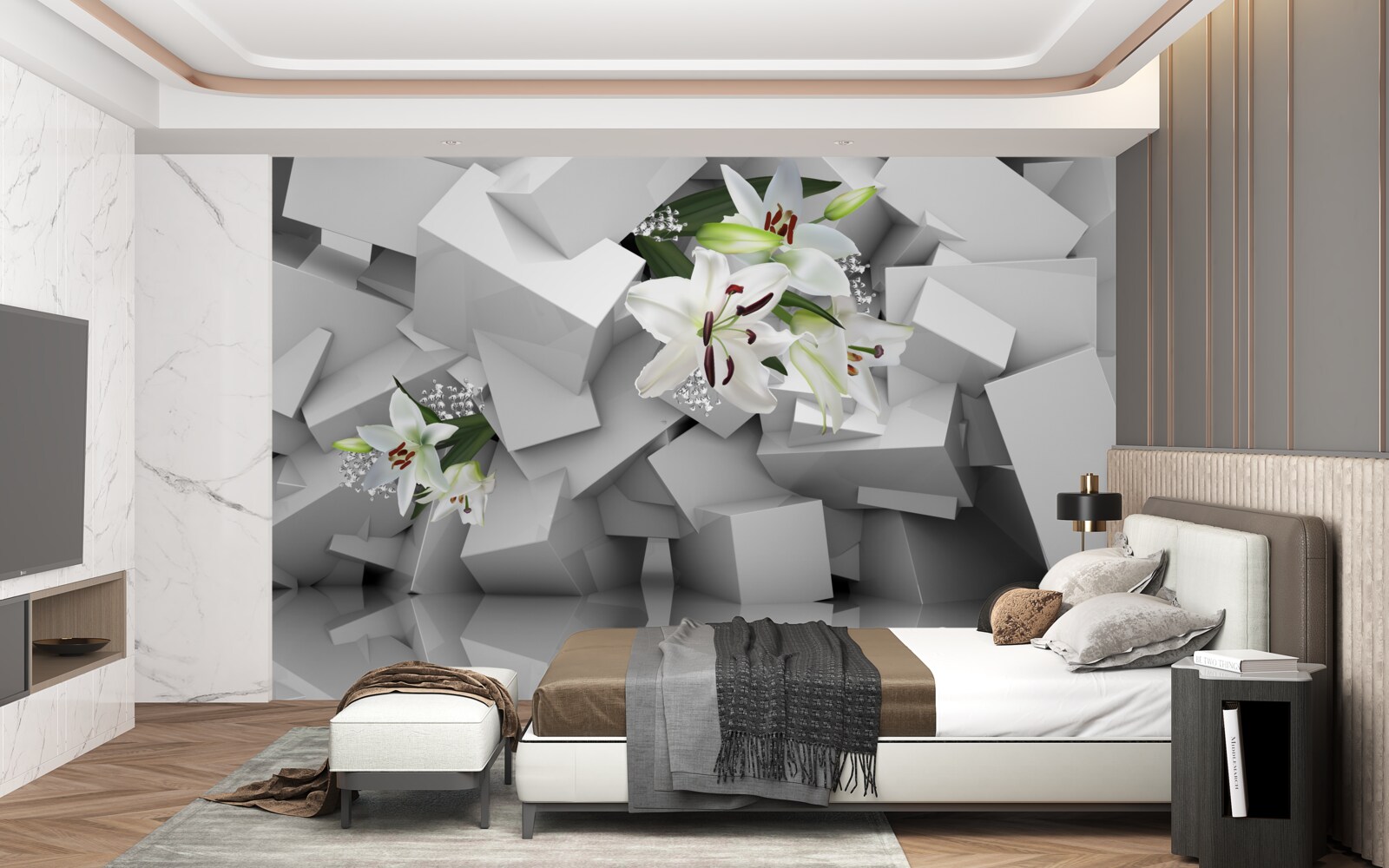 Carta da parati sfondo geometrico decorato con boccioli di giglio bianco