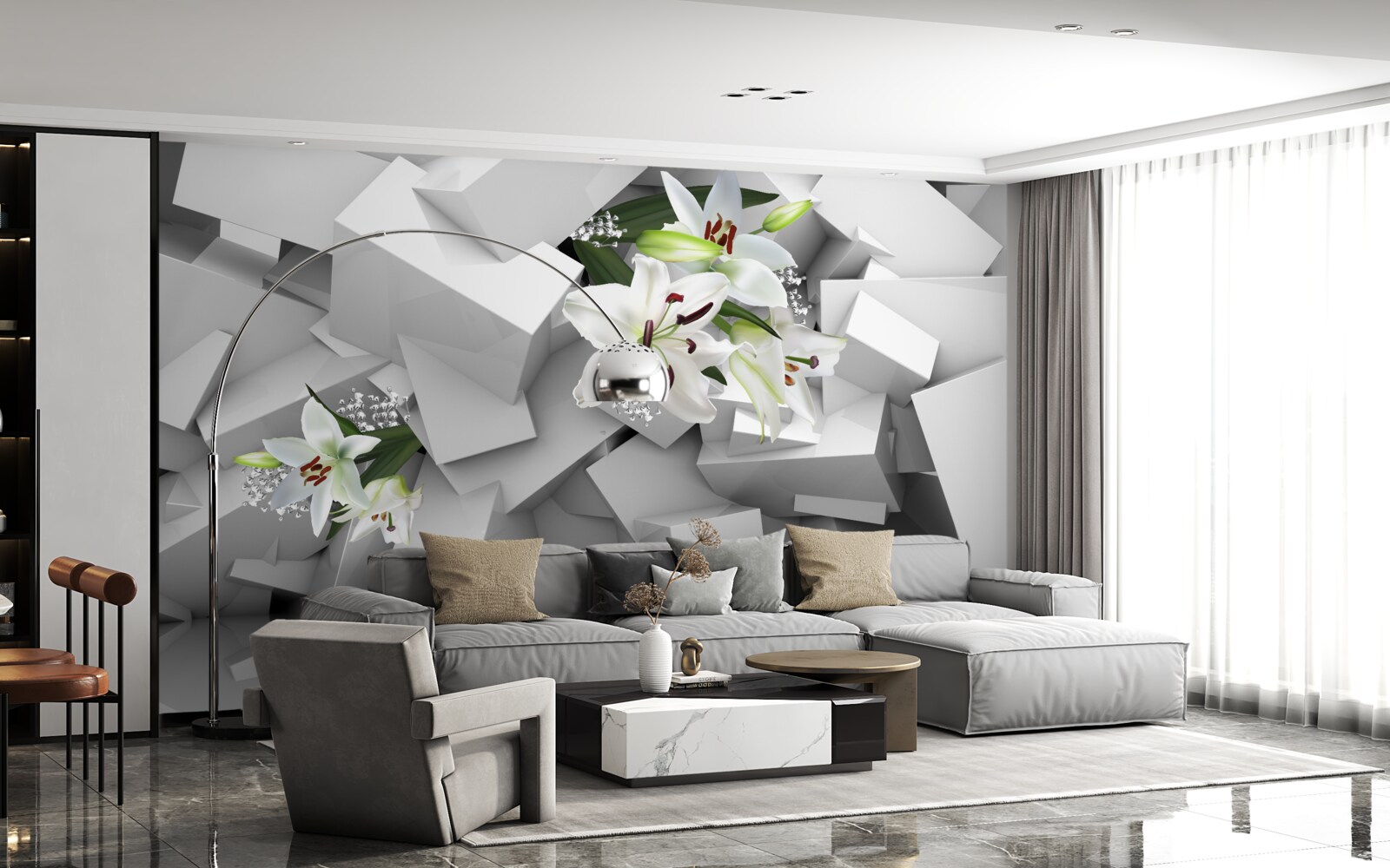 Carta da parati sfondo geometrico decorato con boccioli di giglio bianco