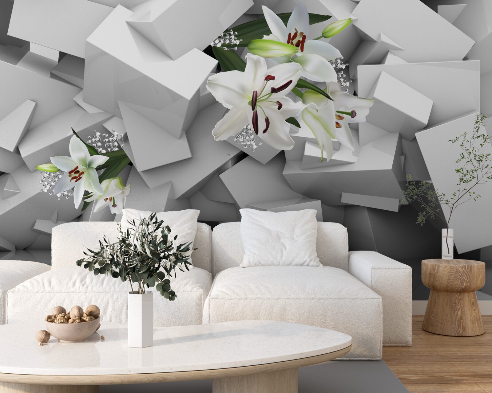 Carta da parati sfondo geometrico decorato con boccioli di giglio bianco