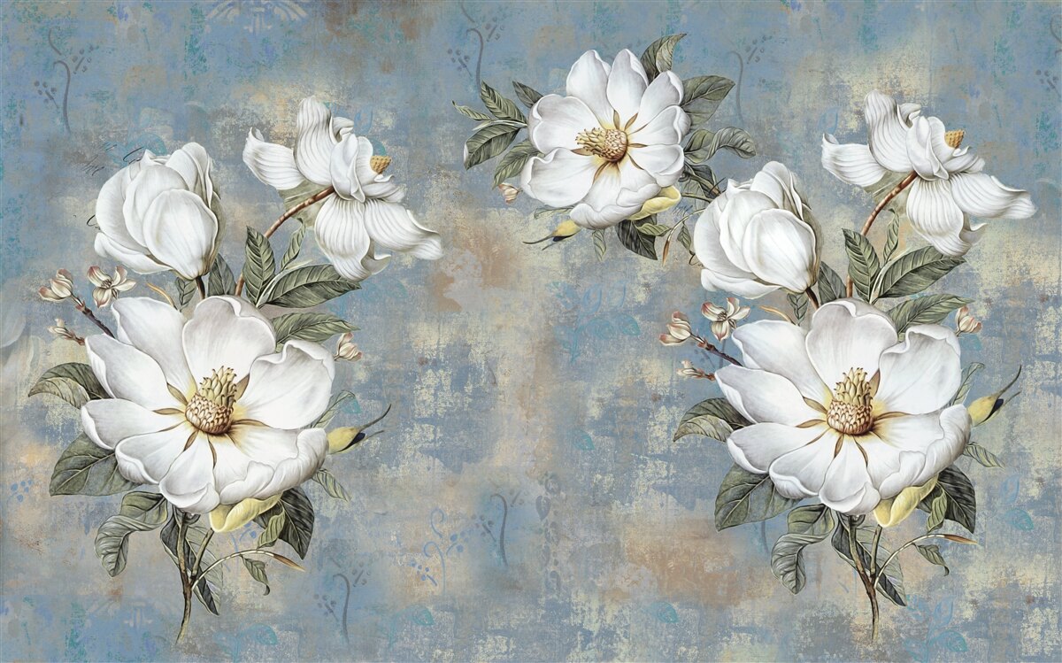 Carta da parati Fiori bianchi come la neve su un muro di cemento dipinto