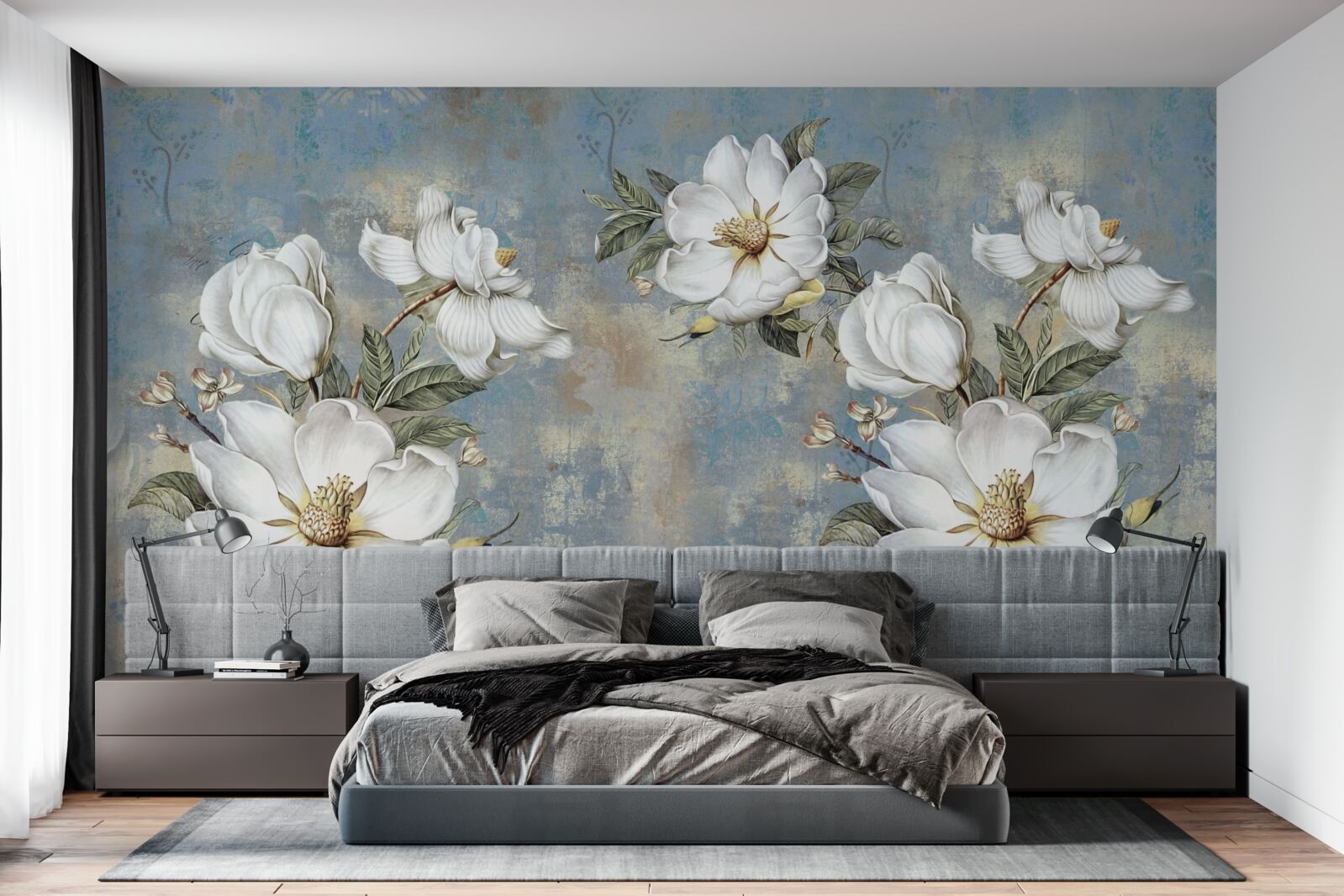 Carta da parati Fiori bianchi come la neve su un muro di cemento dipinto