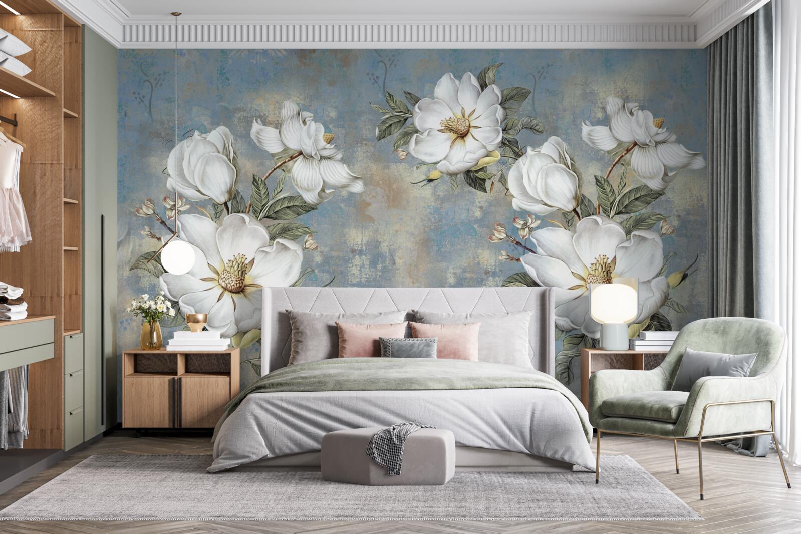 Carta da parati Fiori bianchi come la neve su un muro di cemento dipinto