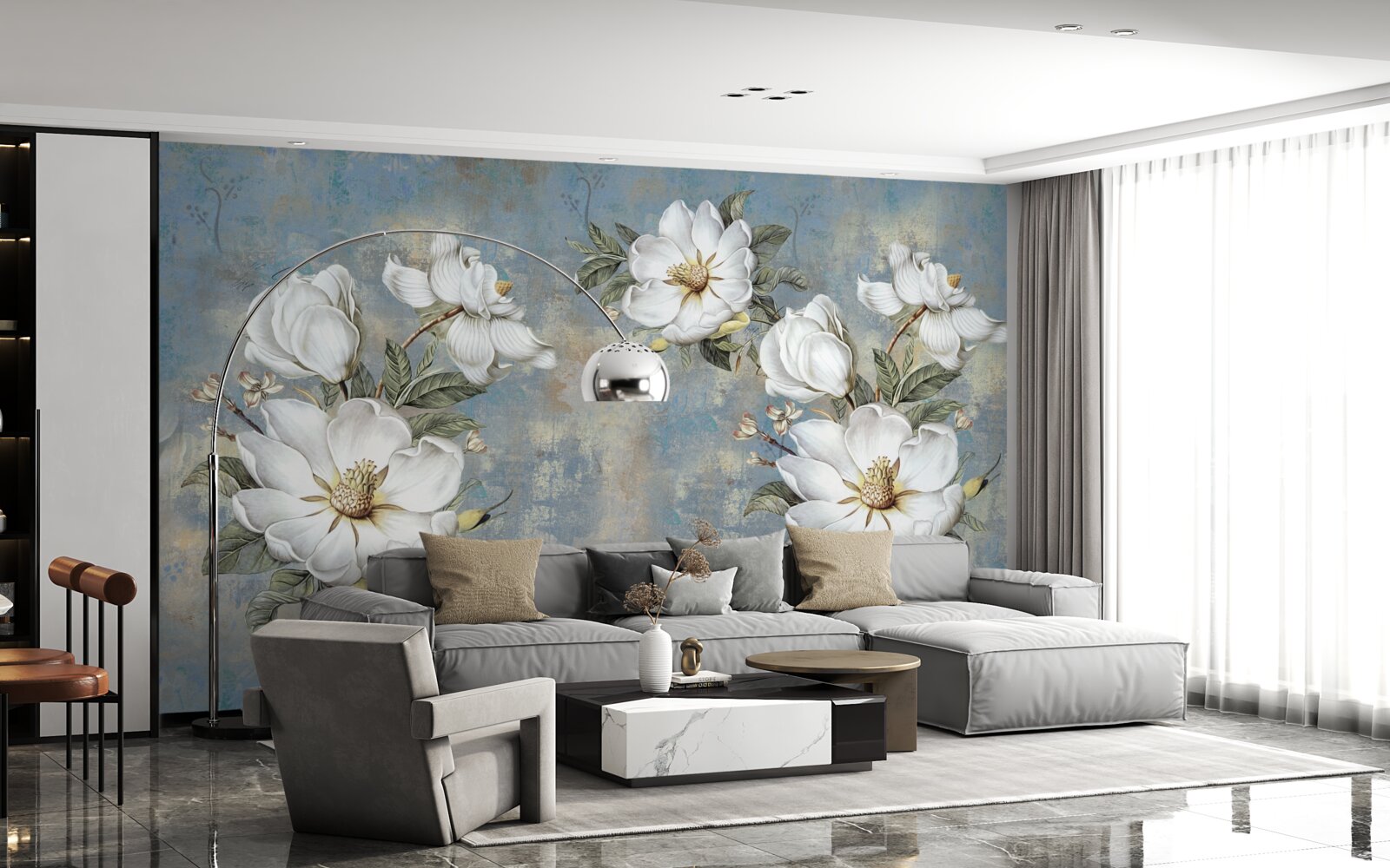 Carta da parati Fiori bianchi come la neve su un muro di cemento dipinto