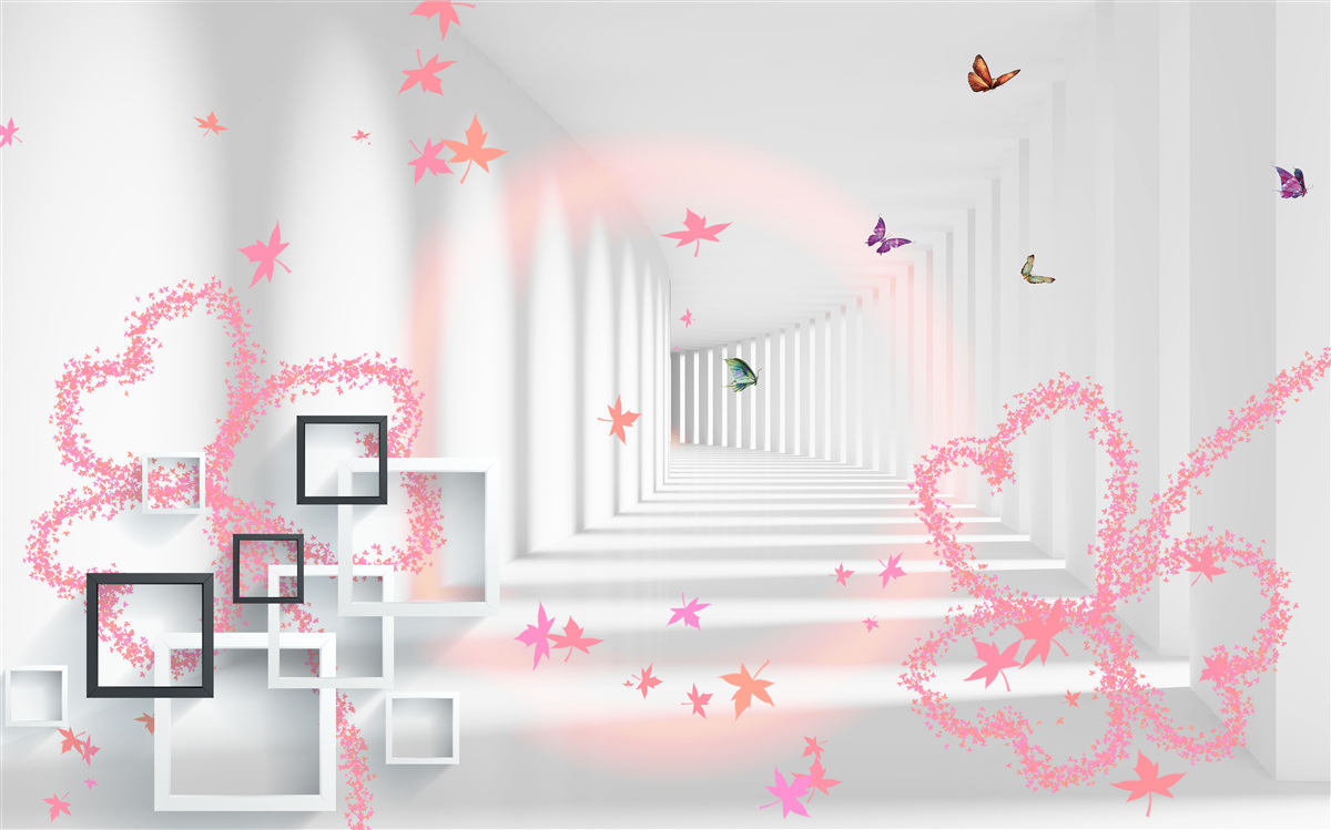 Carta da parati farfalle astratte a forma di cuori rosa