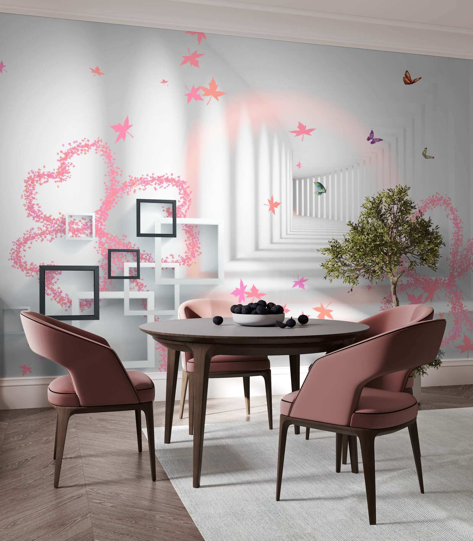 Carta da parati farfalle astratte a forma di cuori rosa