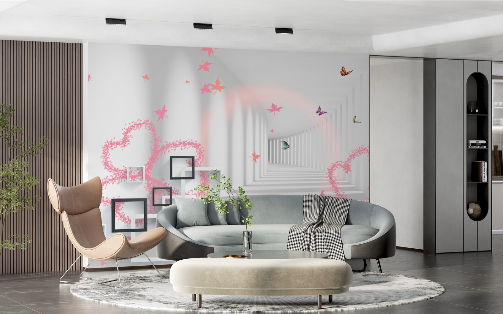 Carta da parati farfalle astratte a forma di cuori rosa