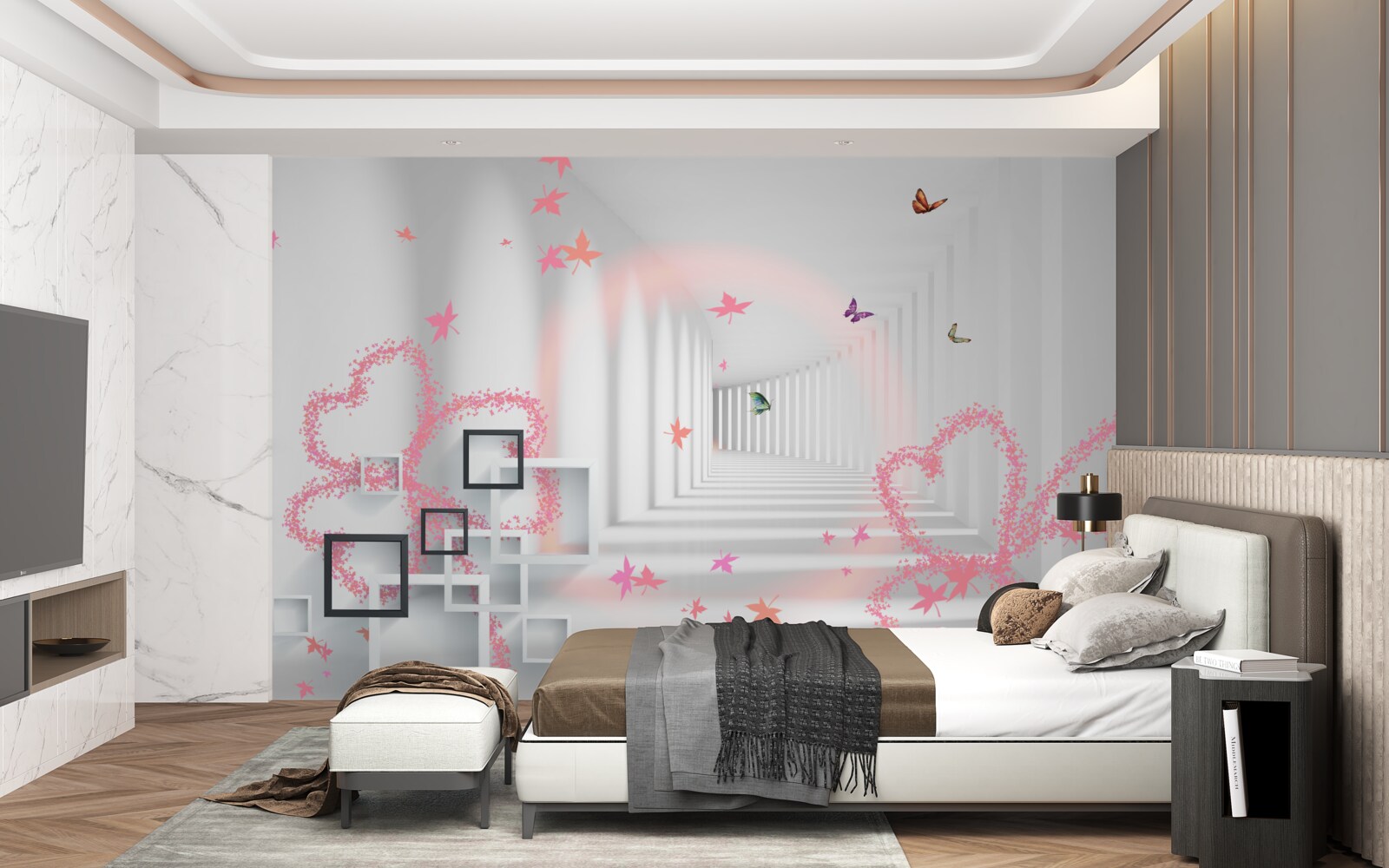 Carta da parati farfalle astratte a forma di cuori rosa