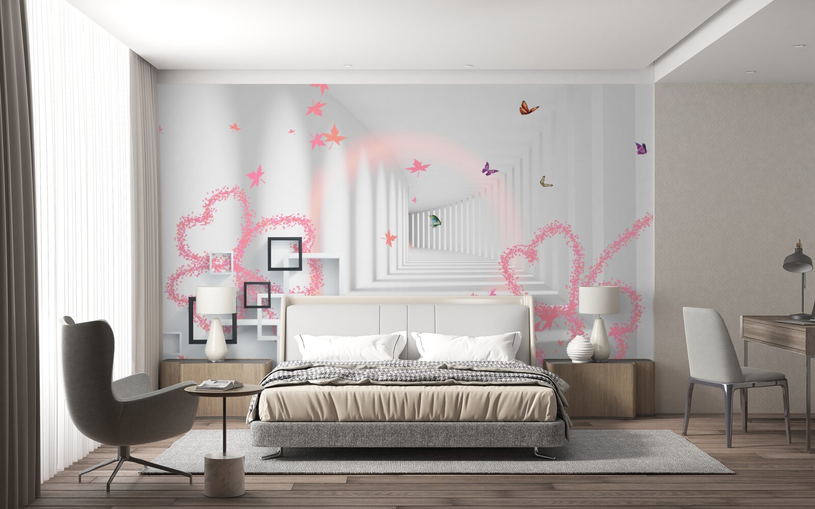 Carta da parati farfalle astratte a forma di cuori rosa