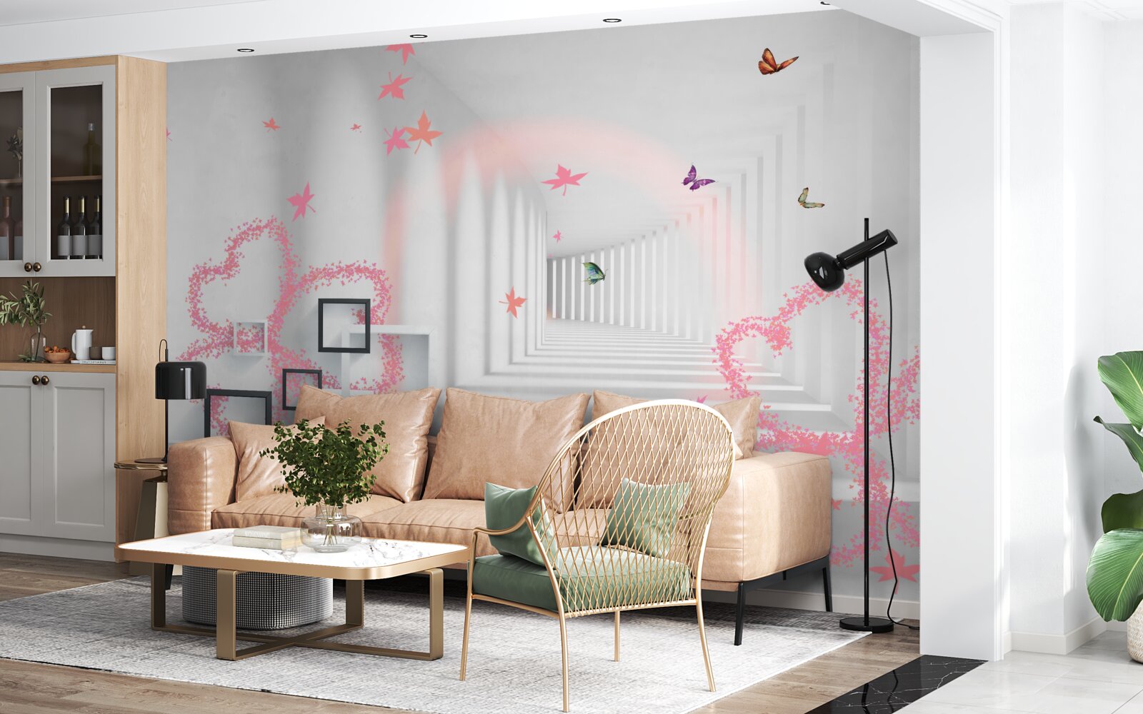 Carta da parati farfalle astratte a forma di cuori rosa