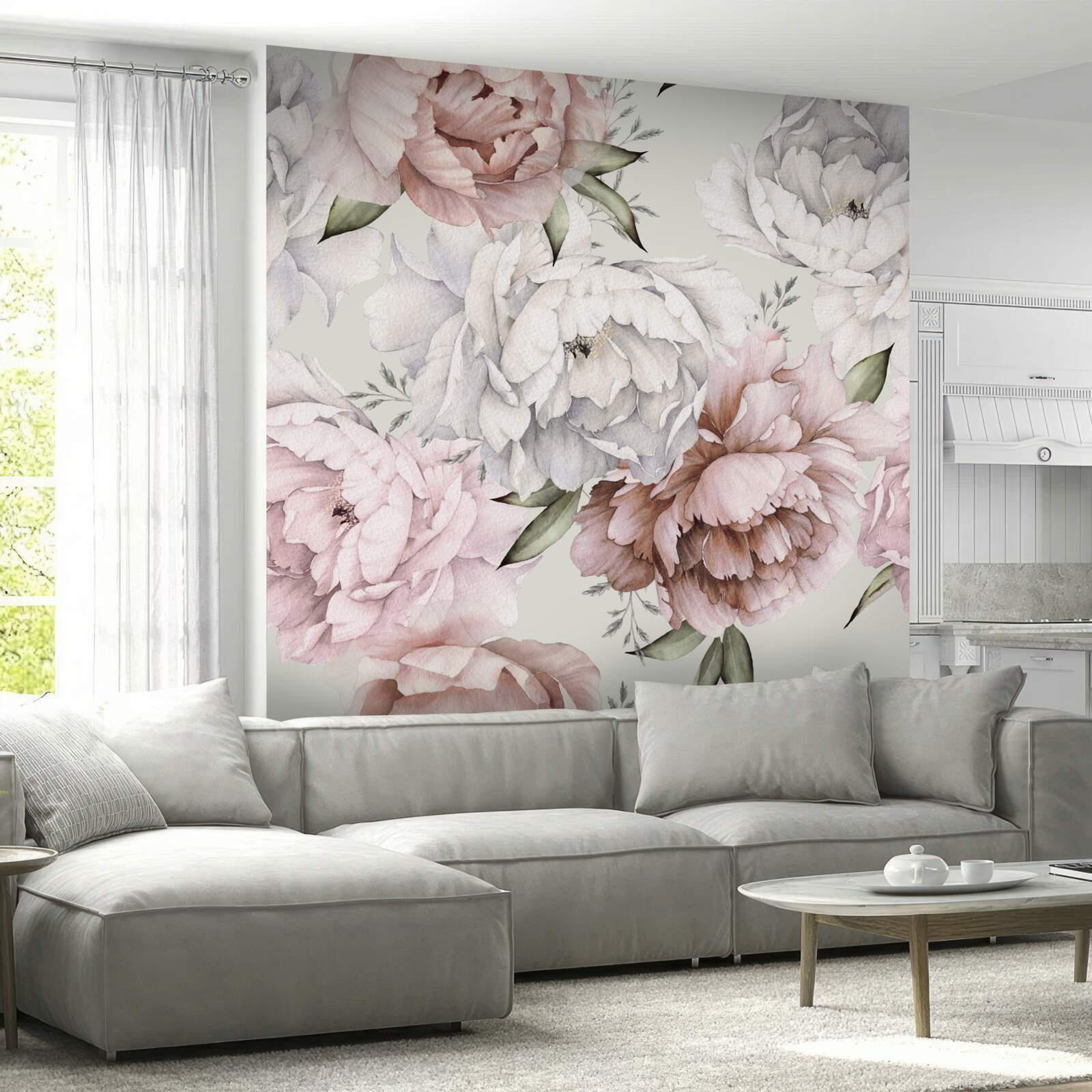 Carta da parati grandi peonie dalle tonalità delicate