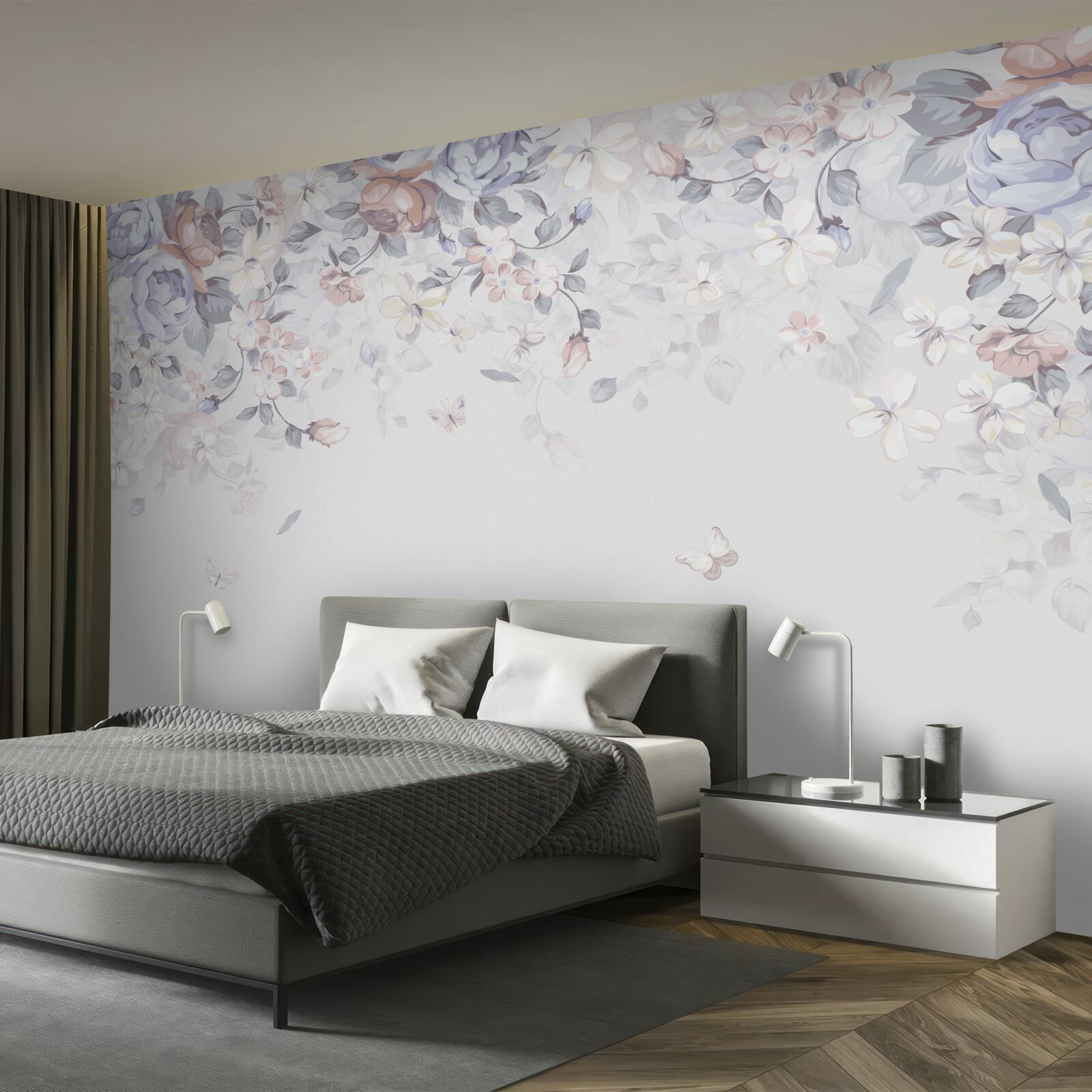 Carta da parati lo sfondo bianco è decorato con morbidi fiori