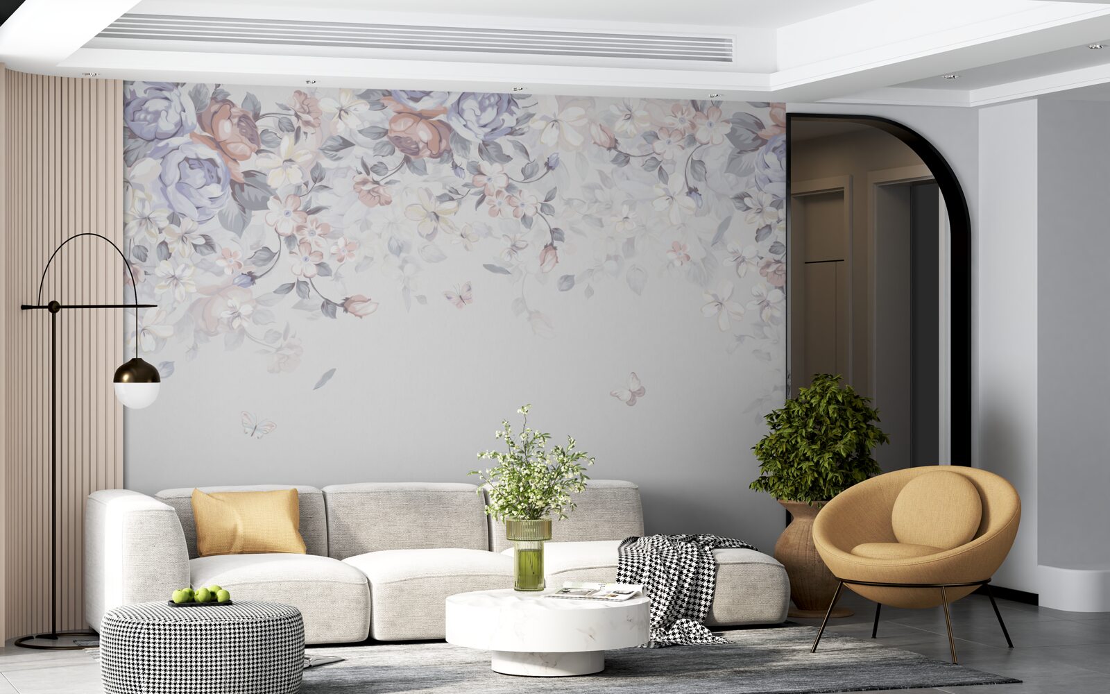 Carta da parati lo sfondo bianco è decorato con morbidi fiori