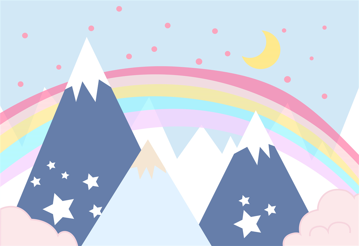 Carta da parati montagne in tonalità blu con un arcobaleno sullo sfondo
