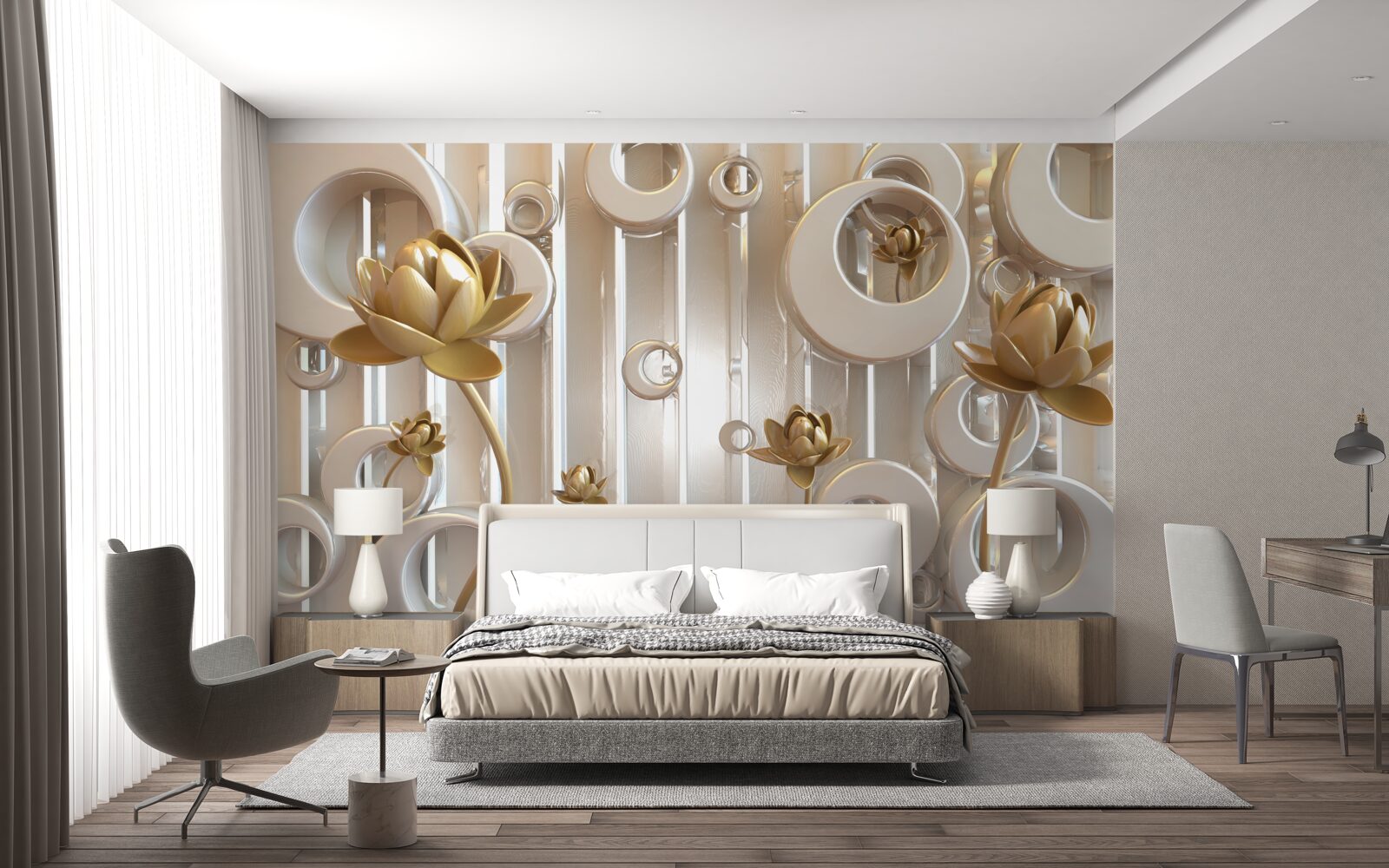 Carta da parati fiori d'oro e sfere di luna