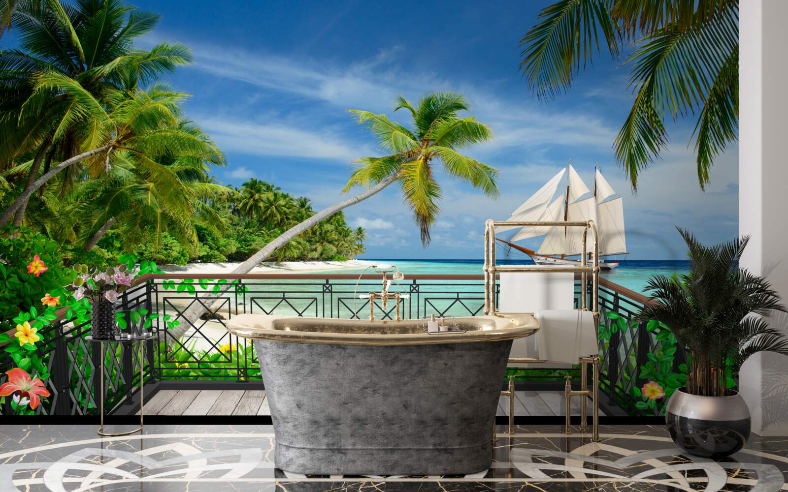 Carta da parati spiaggia con balcone