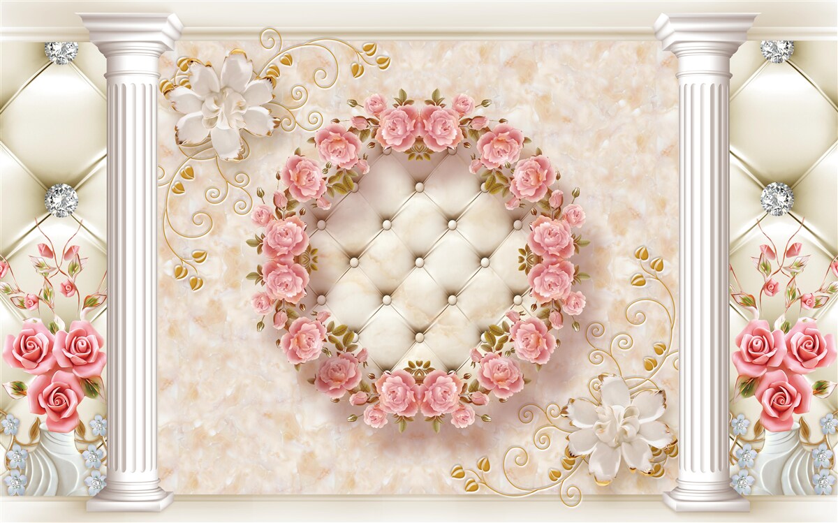 Carta da parati alla parete è appesa una corona di rose rosa