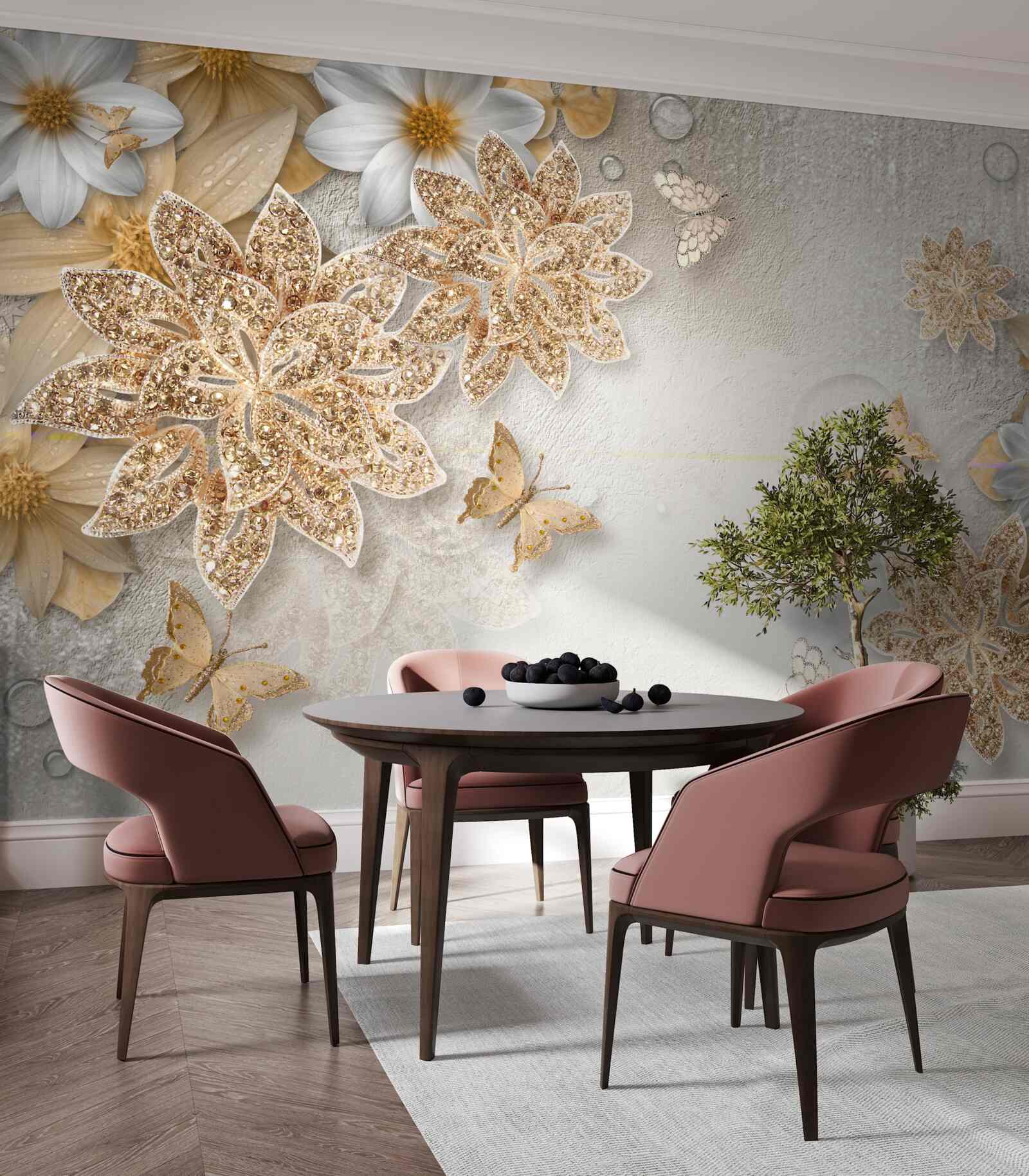 Carta da parati fiori nei toni del bianco e del marrone con farfalle volanti