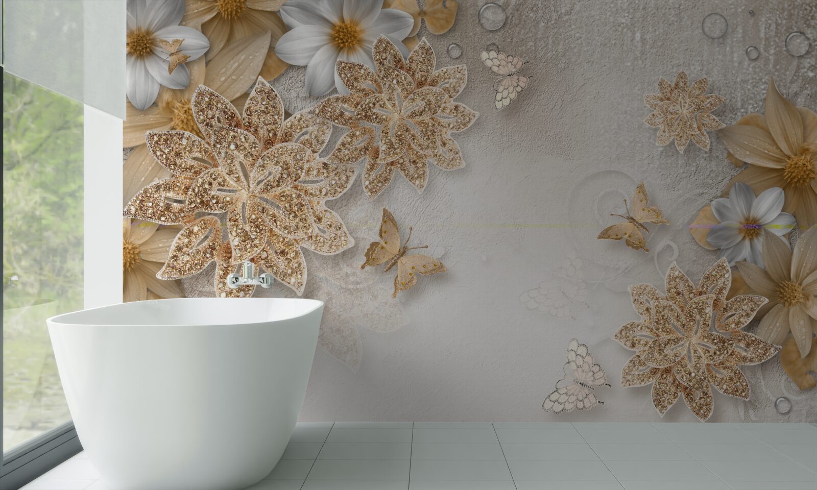 Carta da parati fiori nei toni del bianco e del marrone con farfalle volanti