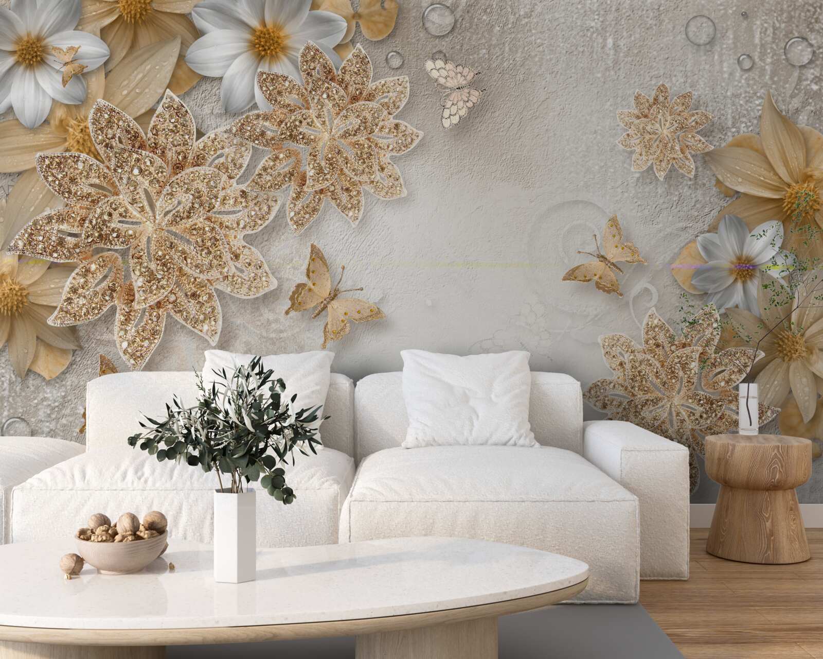 Carta da parati fiori nei toni del bianco e del marrone con farfalle volanti