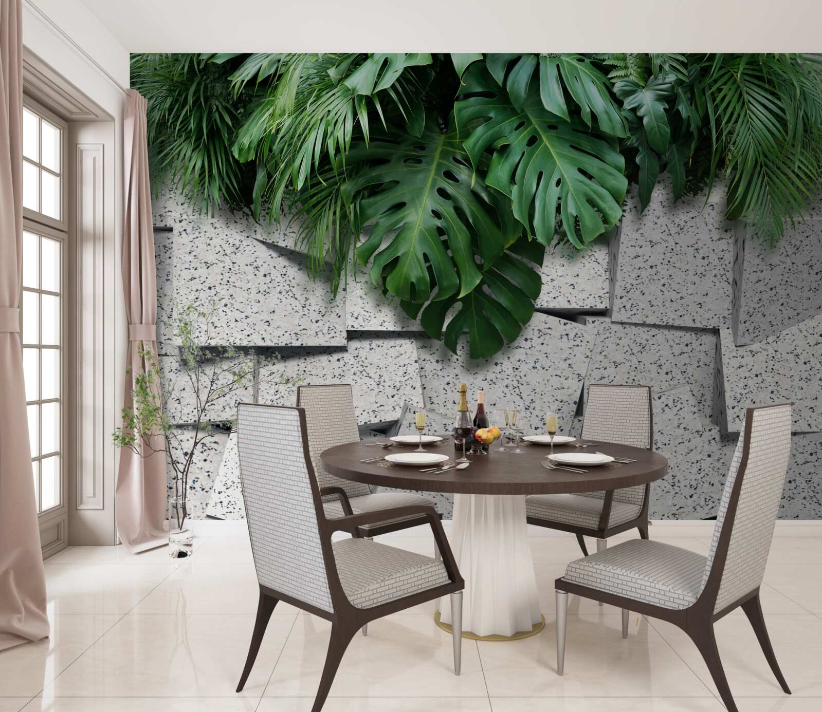 Carta da parati monstera in un'atmosfera tropicale su sfondo grigio