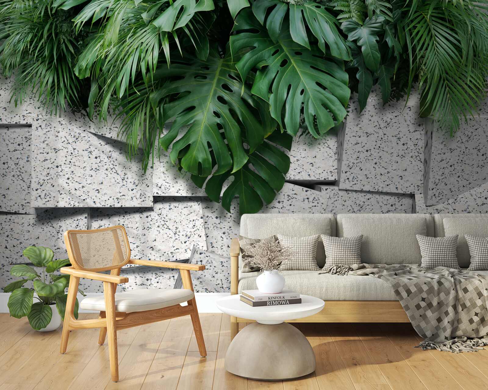 Carta da parati monstera in un'atmosfera tropicale su sfondo grigio