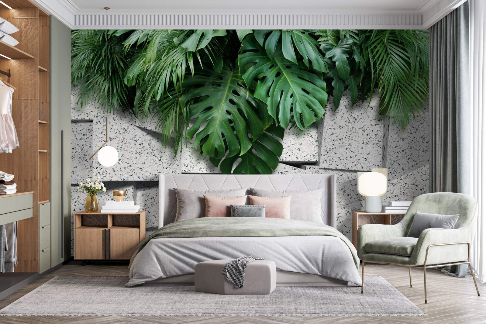 Carta da parati monstera in un'atmosfera tropicale su sfondo grigio