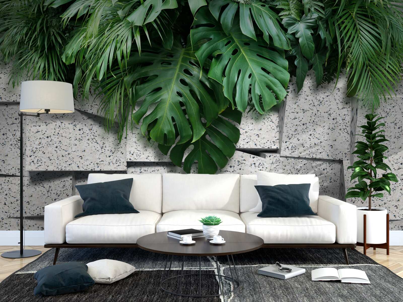 Carta da parati monstera in un'atmosfera tropicale su sfondo grigio