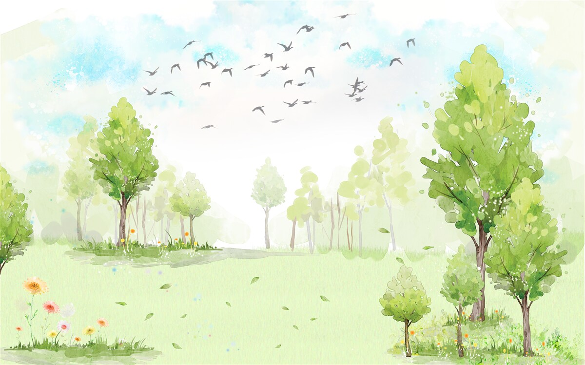 Carta da parati volo di uccelli tra gli alberi