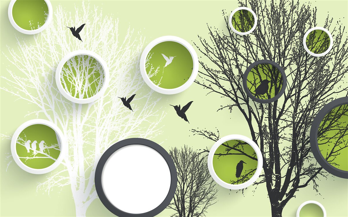 Carta da parati alberi con uccelli in bianco e nero