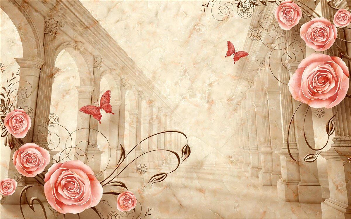 Carta da parati sullo sfondo degli archi ci sono farfalle e rose rosa