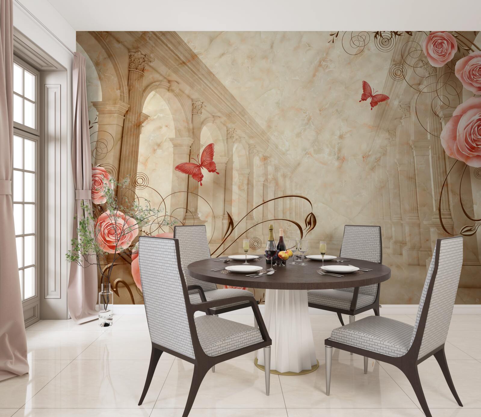 Carta da parati sullo sfondo degli archi ci sono farfalle e rose rosa