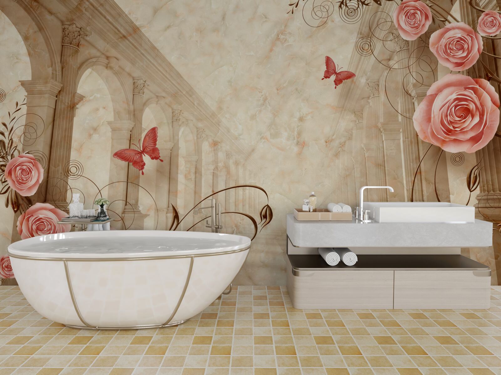 Carta da parati sullo sfondo degli archi ci sono farfalle e rose rosa