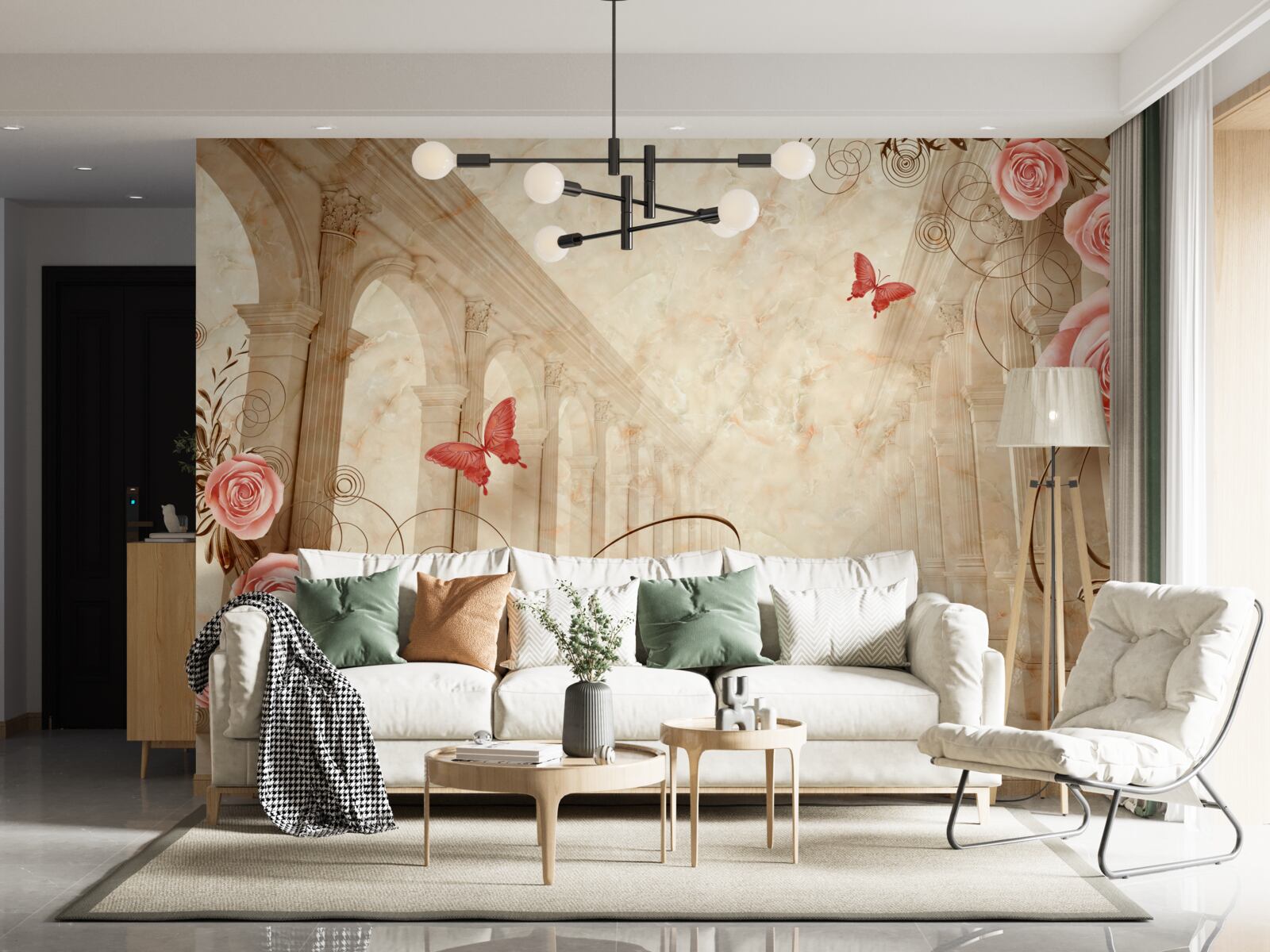 Carta da parati sullo sfondo degli archi ci sono farfalle e rose rosa