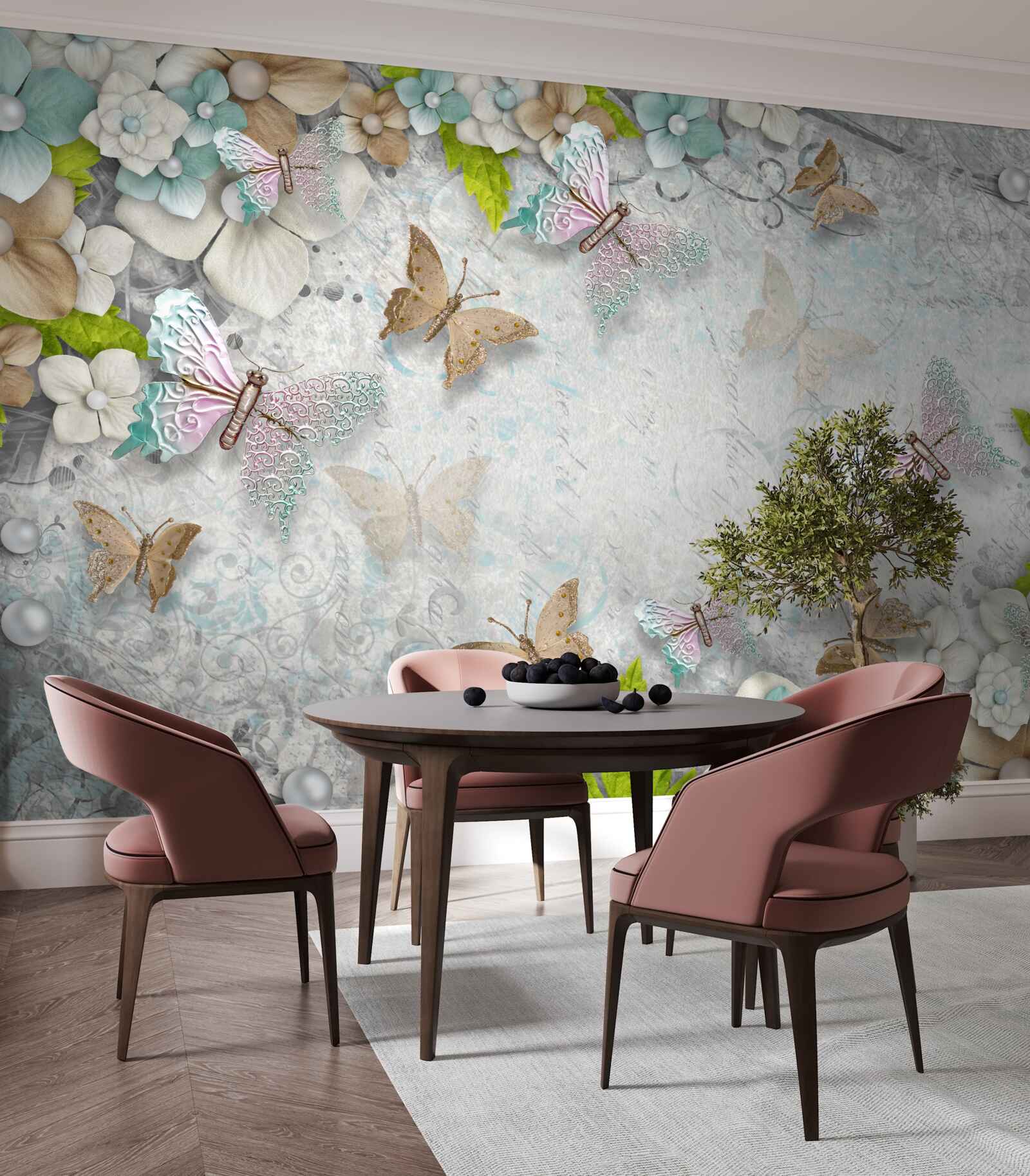 Carta da parati fiori e farfalle