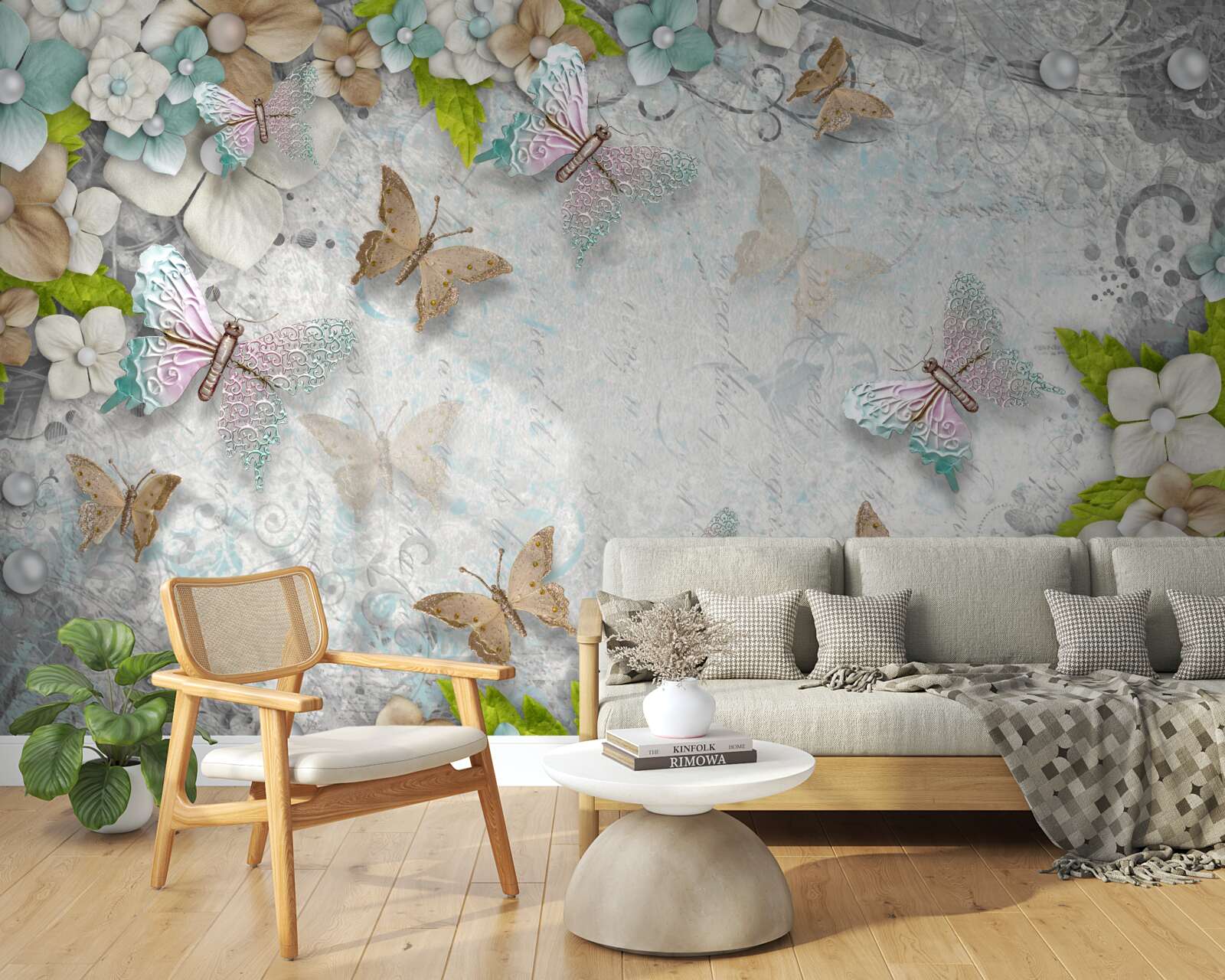 Carta da parati fiori e farfalle