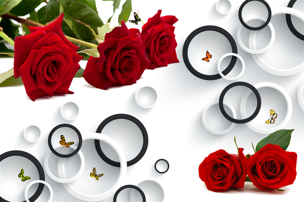 Carta da parati cerchi e rose in rosso