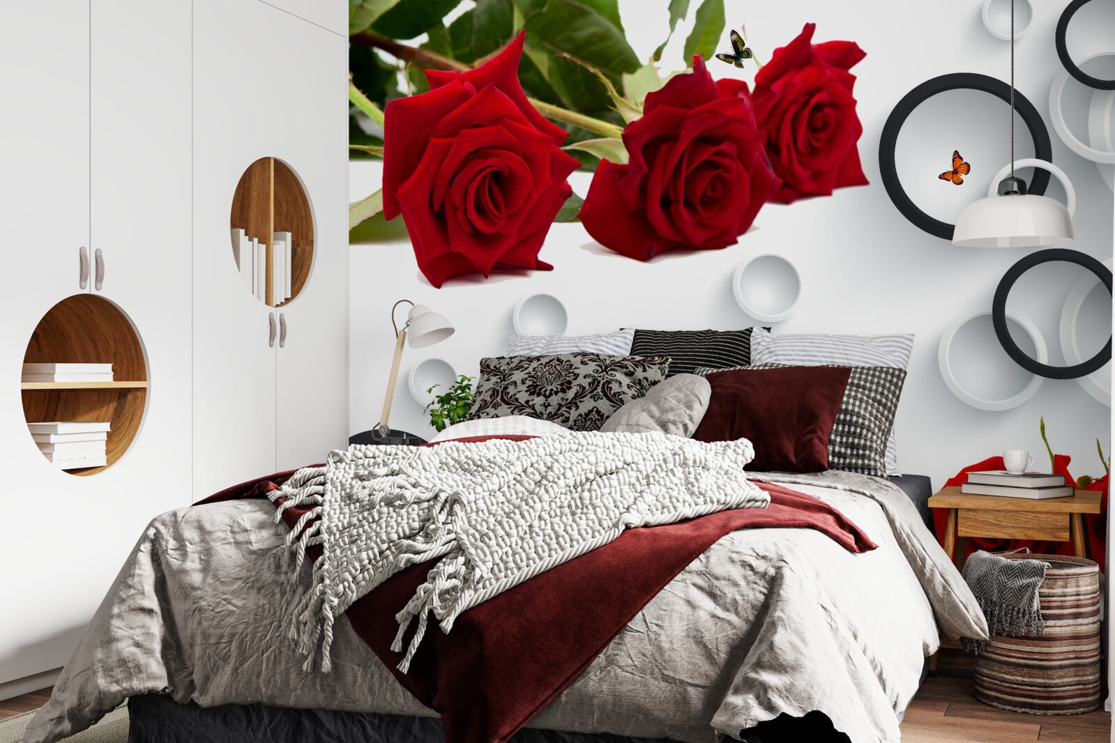 Carta da parati cerchi e rose in rosso