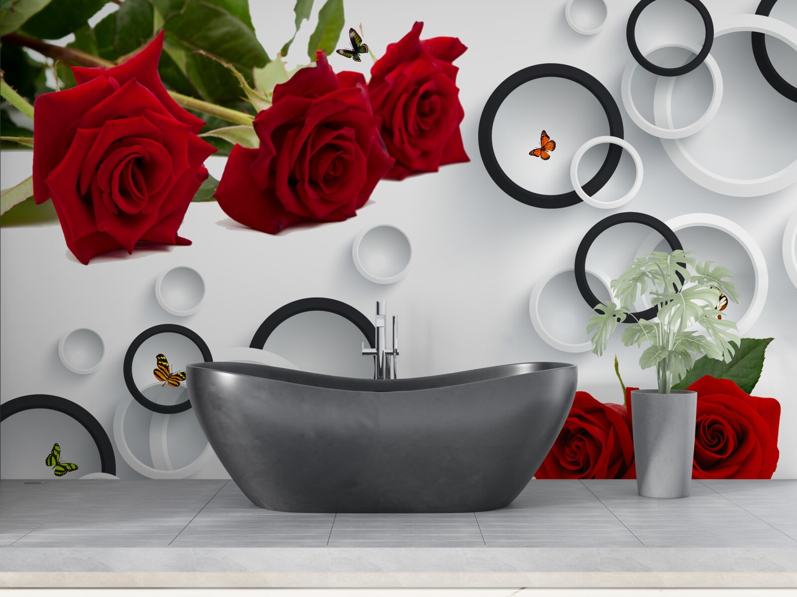 Carta da parati cerchi e rose in rosso