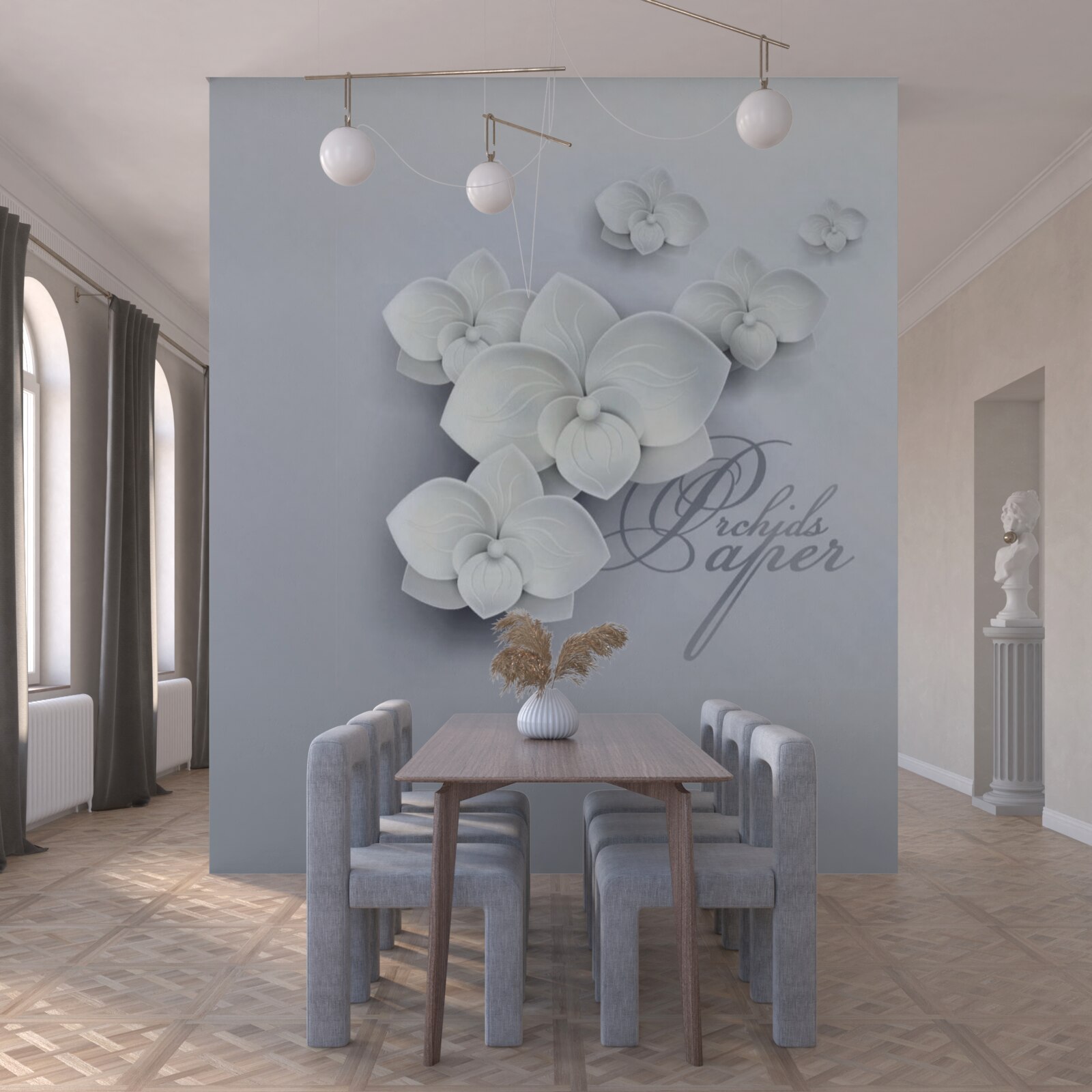 Carta da parati sfondo grigio decorato con orchidee bianche