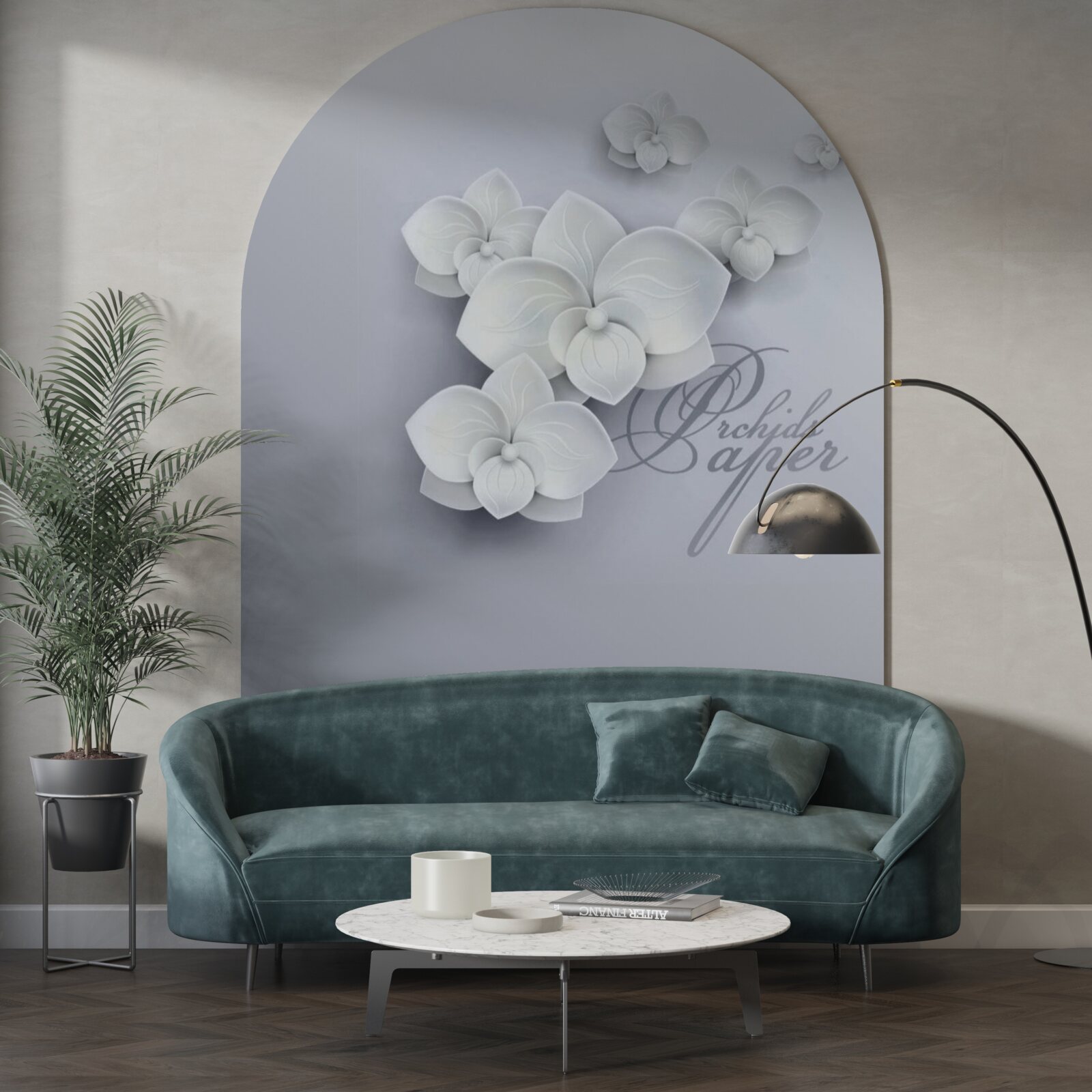 Carta da parati sfondo grigio decorato con orchidee bianche
