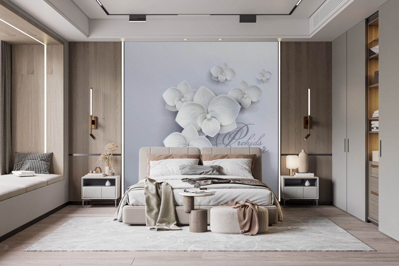 Carta da parati sfondo grigio decorato con orchidee bianche