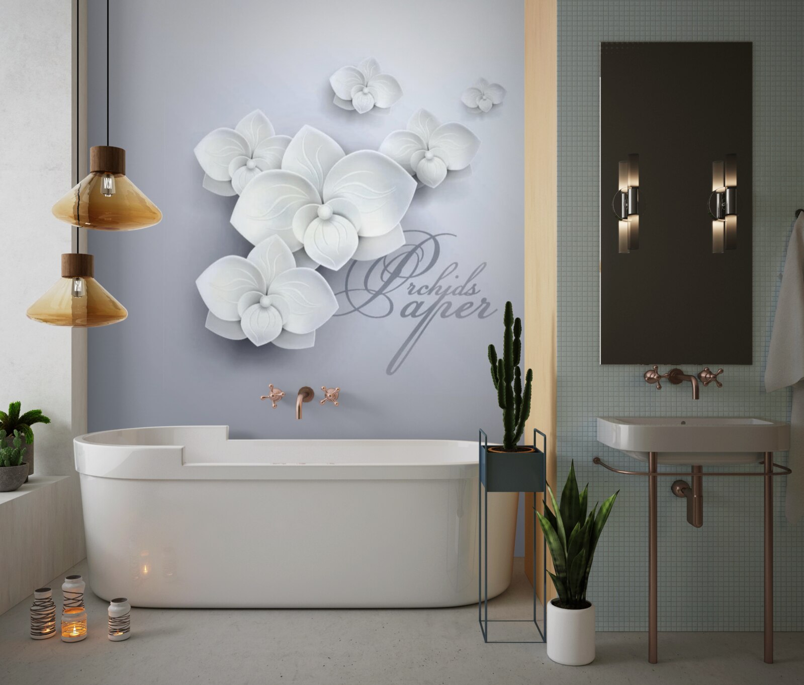 Carta da parati sfondo grigio decorato con orchidee bianche