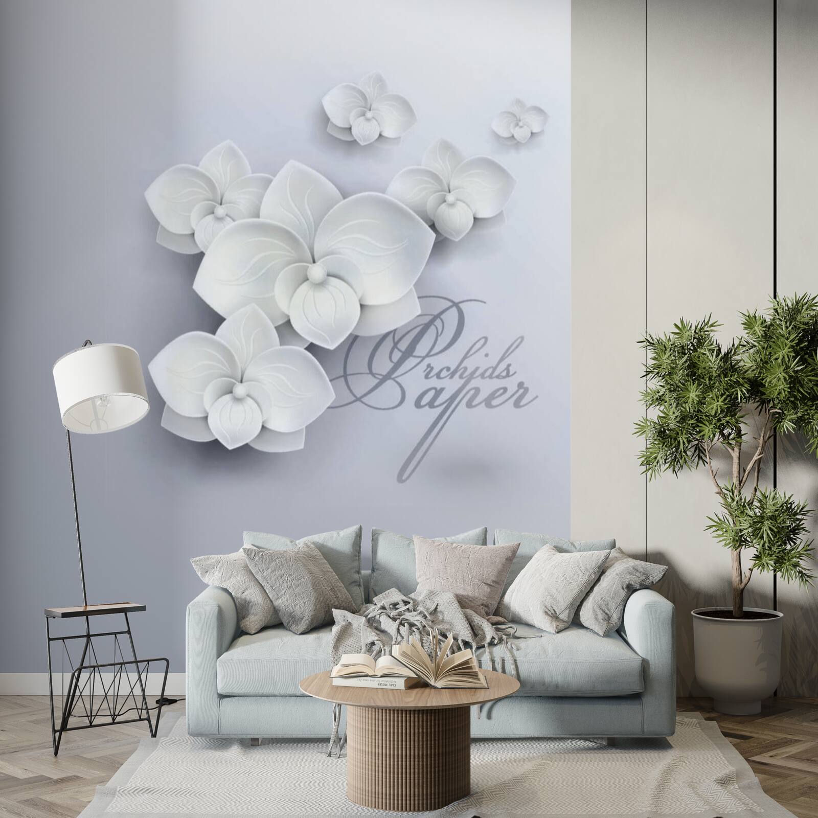 Carta da parati sfondo grigio decorato con orchidee bianche