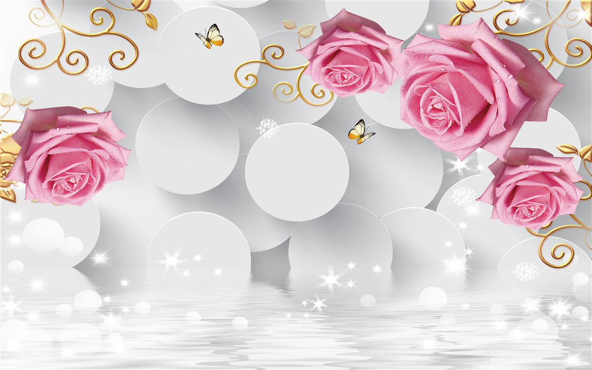 Carta da parati cerchi bianchi incorniciano rose rosa