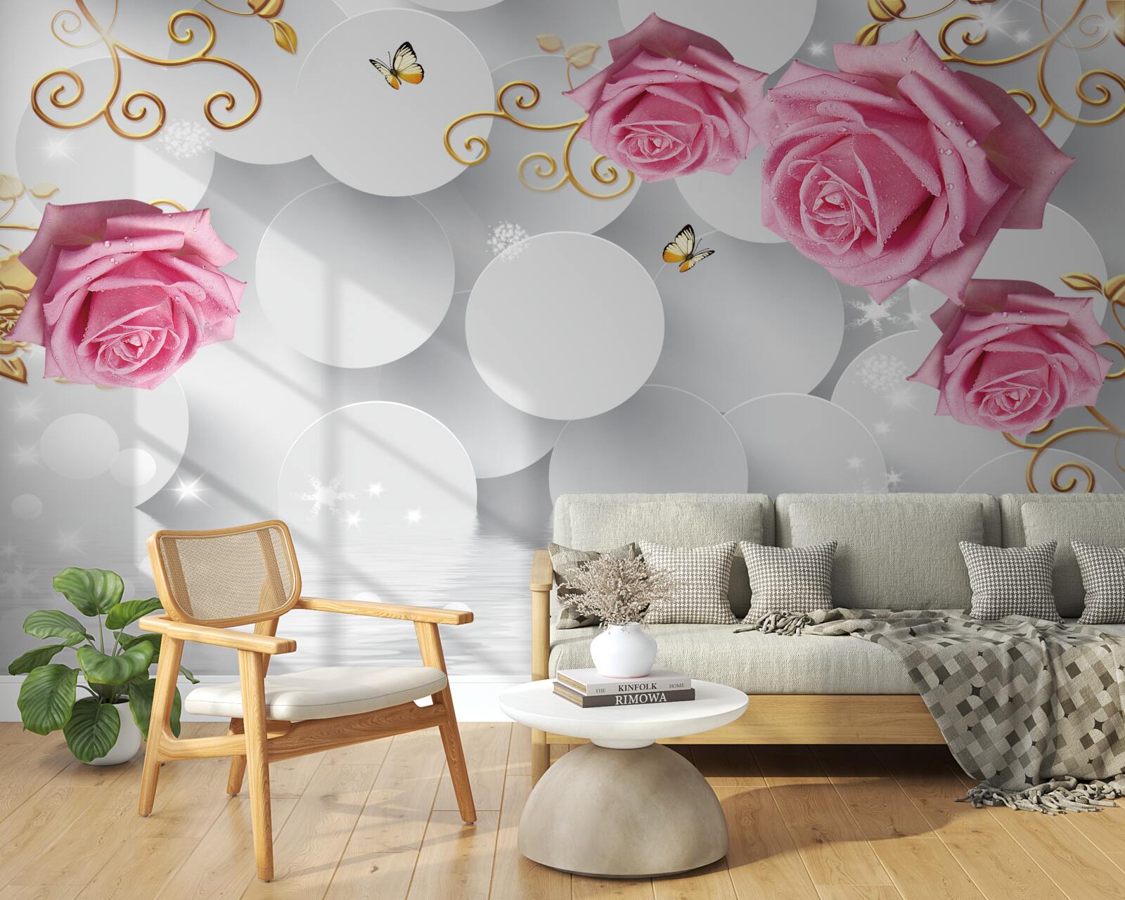 Carta da parati cerchi bianchi incorniciano rose rosa