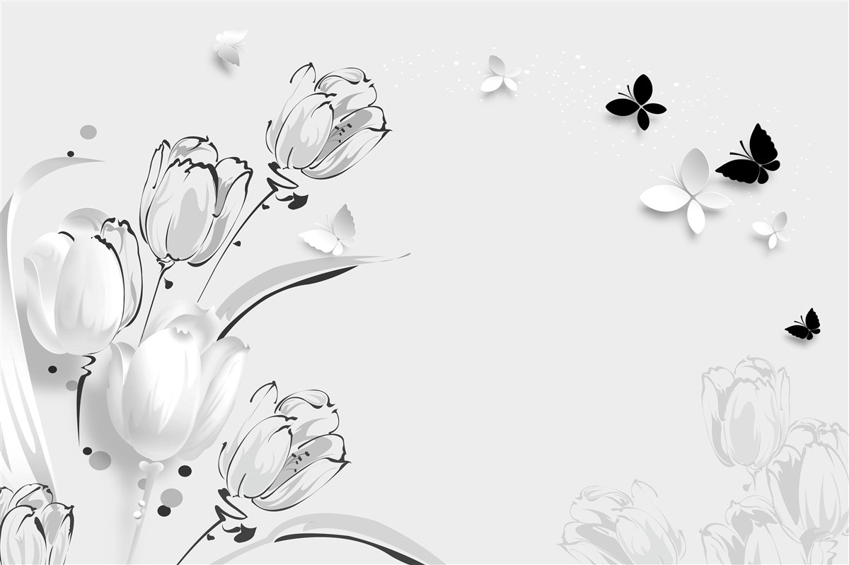 Carta da parati Tulipani bianchi come la neve e farfalle