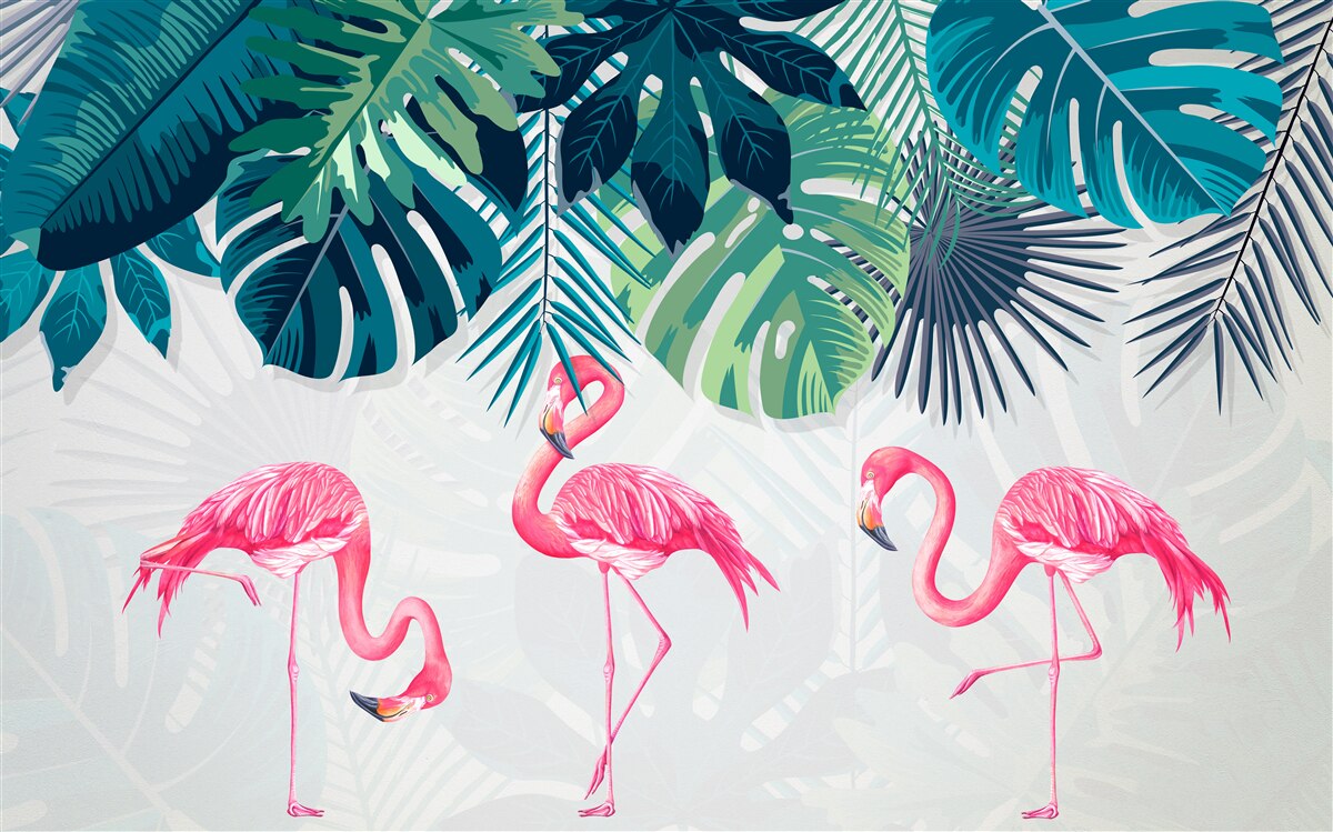 Carta da parati vegetazione tropicale e uccelli fenicotteri rosa